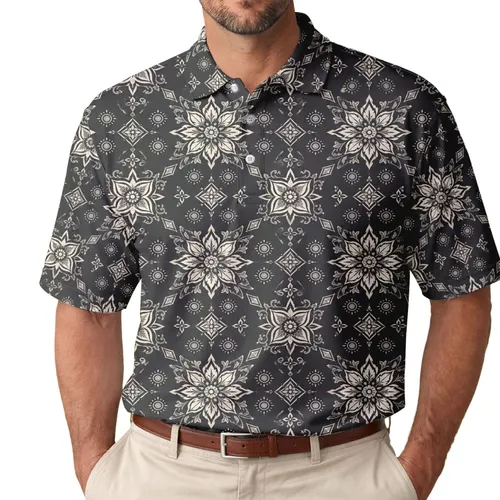 Charcoal Ivory Geometric Floral Motifs For Heritage Events And Smart Casual Menswear Men's Polo Shirt