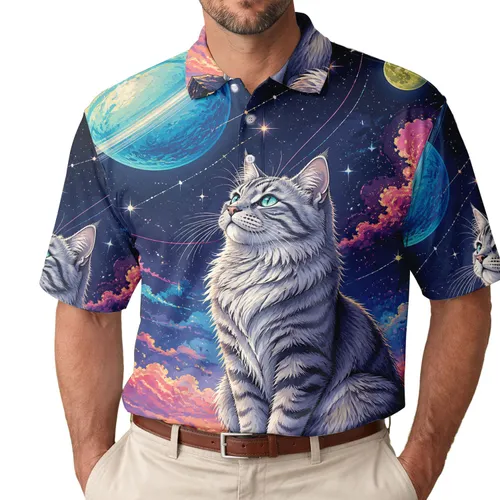 Celestial Tabby Cat And Ringed Planet For Stargazing Nights And Cosmic Cat Lovers Men's Polo Shirt