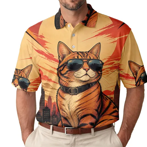 Cool Tabby Cat In Aviator Sunglasses For Urban Summer Outings And Casual Weekend Wear Men's Polo Shirt