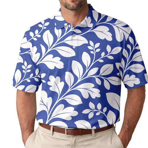 Cobalt Blue White Leafy Vines For Resort Travel, Weekend Wear, And Modern Men's Style Men's Polo Shirt