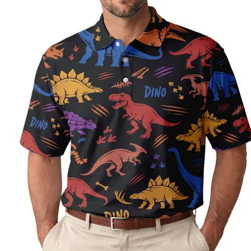 Colorful Dinosaur Silhouettes for Retro Casual Wear, Beach Trips, and Weekend Outings Men's Polo Shirt