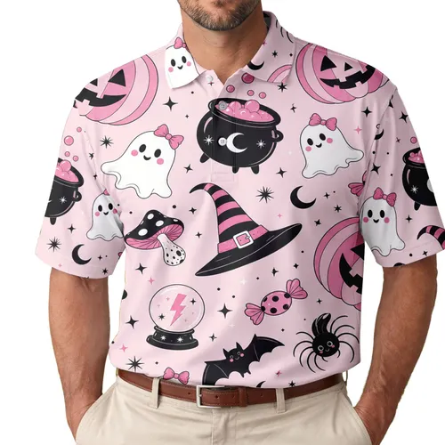Pink Halloween Ghost Pumpkin Bat Icons For Spooky Season Casual Wear Men's Polo Shirt