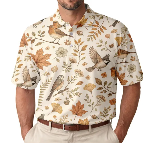 Autumn Songbirds And Botanical Foliage For Refined Everyday Weekend Wear Nature Lovers Men's Polo Shirt