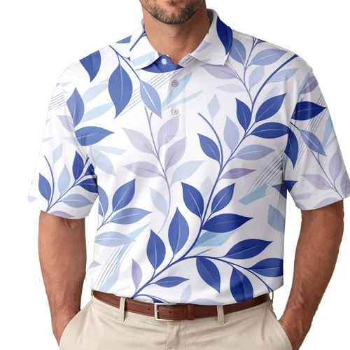 Indigo Blue Botanical Leaf Motif For Resort Travel And Modern Everyday Style For Men Men's Polo Shirt