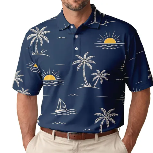 Midnight Navy Palm Trees Sailboats And Citron Suns For Resort Travel And Golf Men Men's Polo Shirt