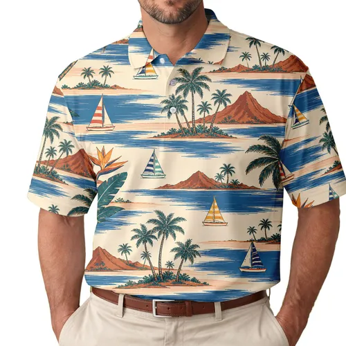 Tropical Sailboats And Palm Islands For Beach Travel Resort Wear And Coastal Getaways Men's Polo Shirt