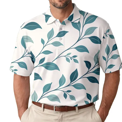 Teal Botanical Leaf Motif For Resort Wear, Garden Parties And Everyday Coastal Style Men's Polo Shirt