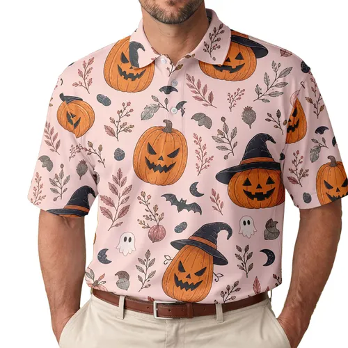 Pink Witch Hat Pumpkins And Bats For Halloween Parties, Fall Festivals And Costume Nights Men's Polo Shirt