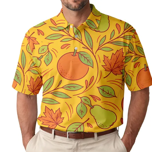Autumn Citrus Pear And Maple Leaf Harvest Motif For Casual Everyday Wear Men's Polo Shirt