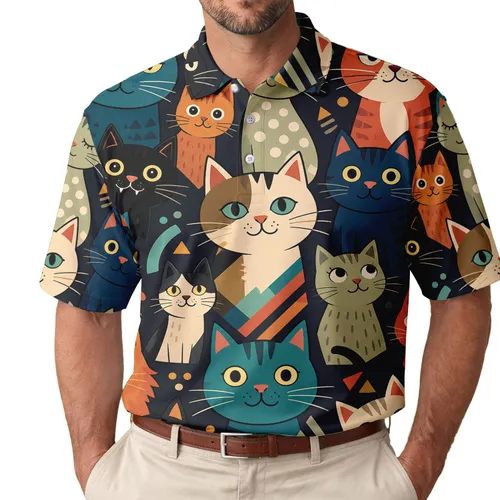 Colorful Geometric Cat Faces for Casual Weekends, Beach Trips, and Cat Lover Gifts Men's Polo Shirt