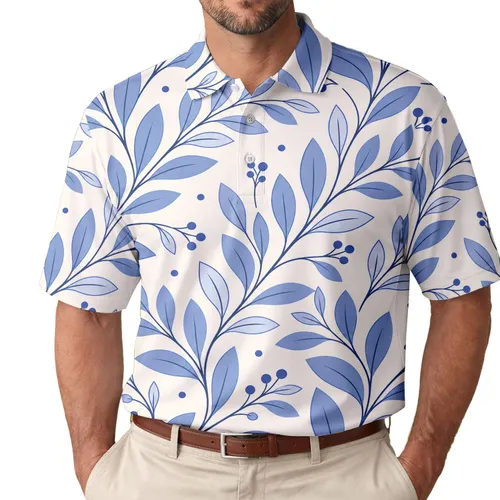 Cobalt Blue Botanical Leaf Motif for Summer Resort Travel and Smart Casual Wear for Men Men's Polo Shirt