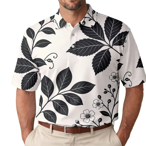 Monochrome Botanical Leaves And Flowers For Resort Travel, Dates, And Smart Casual Wear Men's Polo Shirt