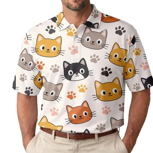 Cute Cat Faces And Colorful Paw Prints For Weekend Wear And Everyday Cat Lovers Men's Polo Shirt