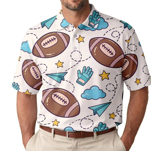 Retro Footballs, Clouds, Paper Airplanes For Game Day And Campus Casual Lifestyle Men's Polo Shirt