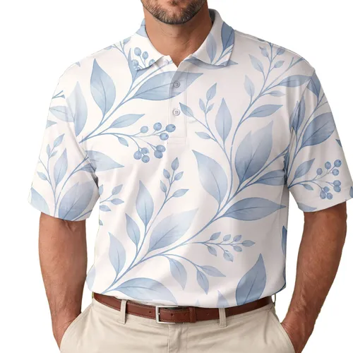 Powder Blue Botanical Leaf Motif for Spring Garden Parties and Coastal Resort Getaways Men's Polo Shirt