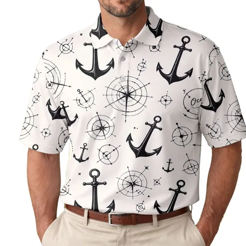 Nautical Anchors And Compass Rose Motifs For Coastal Getaways And Everyday Wear For Men Men's Polo Shirt