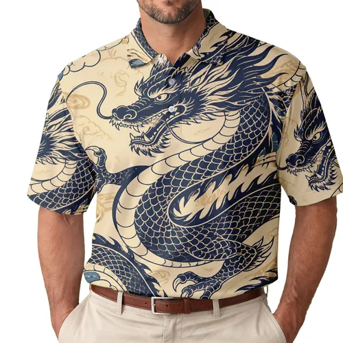 Midnight Navy East Asian Dragon Motif For Beach Vacations, Resort Travel And Men Men's Polo Shirt