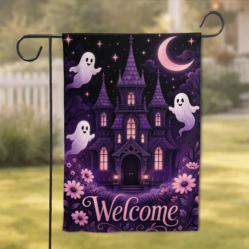 Halloween Haunted Manor With Ghosts And Moon Welcome Porch Decor For Fall Nights Garden Flag