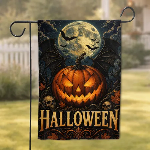 Halloween Pumpkin Moonlit Porch Decor With Gothic Bat Wings For Yard And Home Display Garden Flag