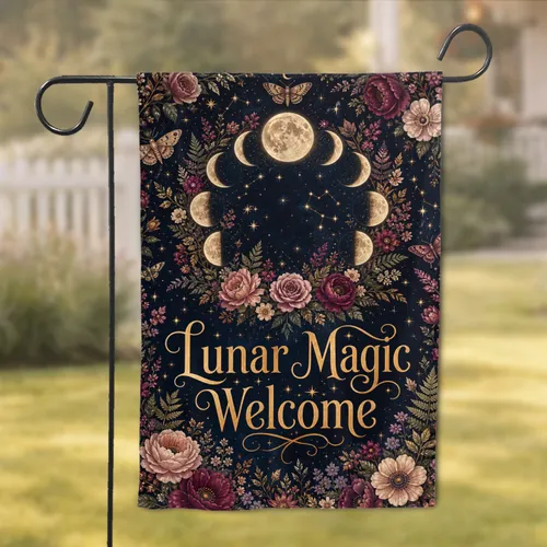 Moon Phases Floral Welcome for Midnight Porch Entryway and Patio Home Outdoor Decor Garden Flag