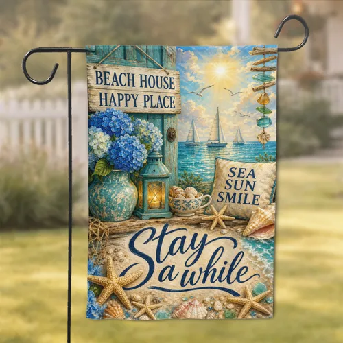 Beach House Coastal Door Scene with Hydrangeas and Sailboats for Porch Charm Decor Garden Flag