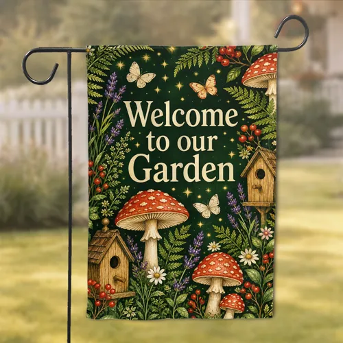 Welcome To Our Woodland Mushroom Birdhouse Cottage Porch Decor For Rustic Homes And Gifts Garden Flag