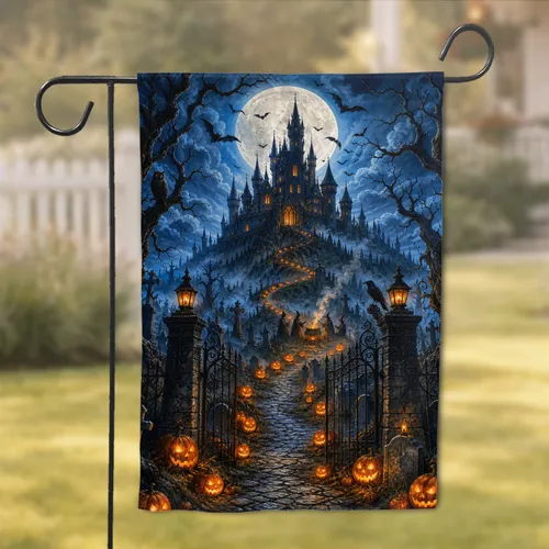 Haunted Castle Moonlit Halloween Scene for Porch, Patio, and Spooky Yard Display Accent Garden Flag