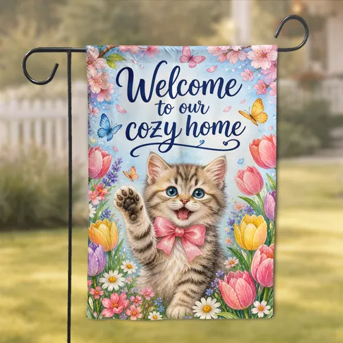 Spring Kitten With Tulips And Butterflies Porch Welcome Sign For Cozy Home Decor Garden Flag