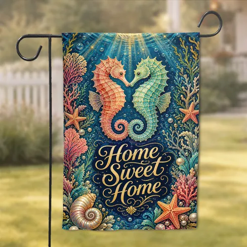 Ocean Seahorses And Coral Home Sweet Home Coastal Porch Welcome For Beach House Decor Garden Flag