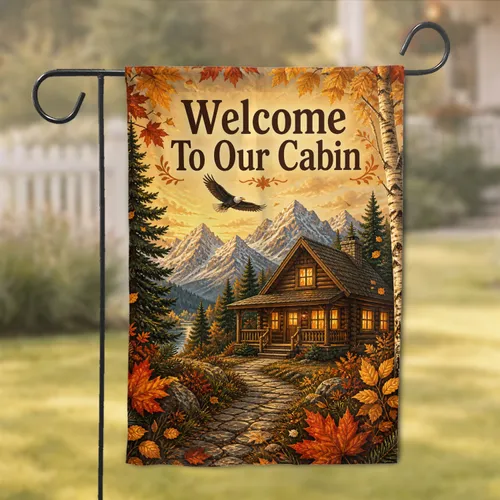Autumn Cabin Welcome Porch Decor with Snowy Peaks and Lit Windows for Cozy Homes Garden Flag