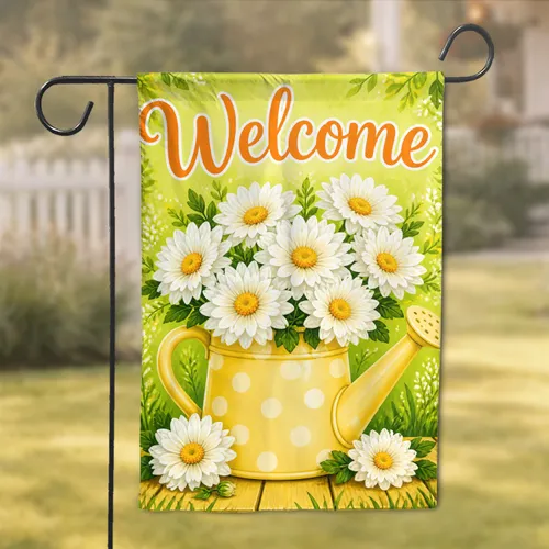 Welcome Spring Chrysanthemum Watering Can Porch Decor for Entryway, Yard, and Home Use Garden Flag