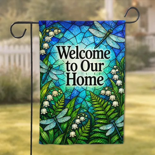 Stained Glass Welcome To Our Home Porch Accent With Dragonflies And Ferns For Entryways Garden Flag