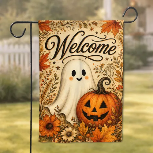 Welcome Ghost Pumpkin Porch Decor For Autumn Entryway Halloween Farmhouse Display Garden Flag