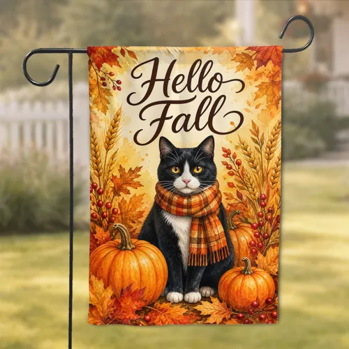 Autumn Tuxedo Cat With Pumpkins And Plaid Scarf Fall Porch Decor For Home And Yard Garden Flag