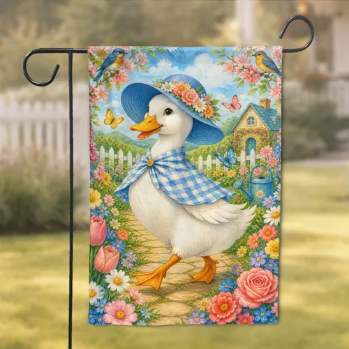 Cheerful Duck in Blooming Spring Courtyard With Blue Sunhat for Porch and Yard Decor Garden Flag