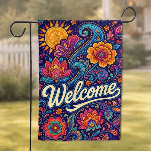 Boho Paisley Welcome for Porch Patio Entryway Indigo Floral Home Decor Artful Accent Garden Flag