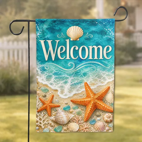 Coastal Welcome Sign With Starfish, Seashells, And Turquoise Waves For Beach Porch Garden Flag