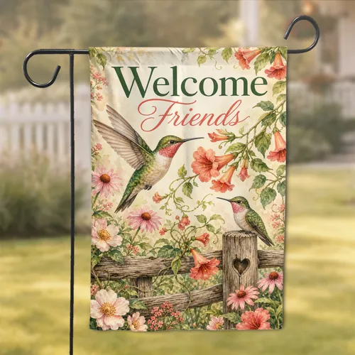 Welcome Friends Hummingbirds With Spring Floral Porch Charm For Cottage Entryways Garden Flag