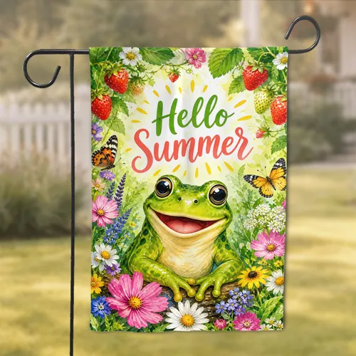 Cheerful Frog Hello Summer Floral Front Porch Decor For Yard Patio And Home Charm Garden Flag