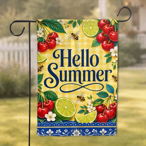 Summer Cherries, Bees, and Citrus on Butter Yellow Gingham for Porch and Patio Decor Garden Flag