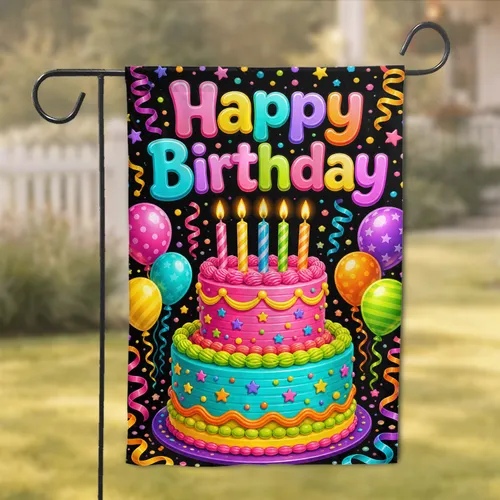 Happy Birthday Cake With Balloons For Porch And Yard Celebrations, Party Decor For Home Garden Flag