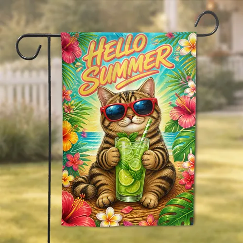 Tropical Tabby Cat With Limeade For Porch, Patio, And Backyard Summer Decor Cat Lovers Garden Flag