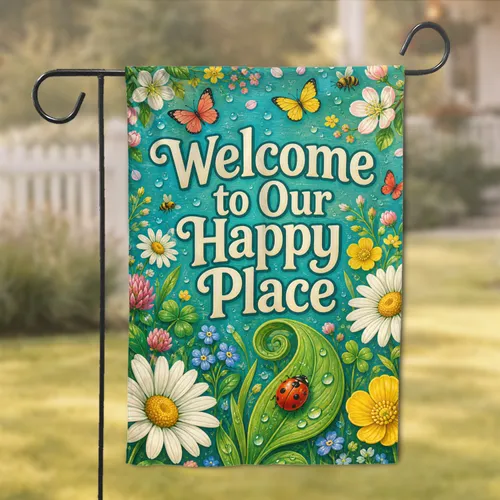 Welcome To Our Happy Place Spring Porch Decor Ladybug Butterfly Floral Accent For Home Garden Flag