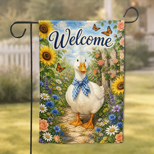 Cheerful Welcome Duck Cottage Garden Entry Decor for Porch, Yard, and Country Homes Garden Flag