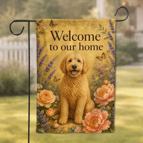 Golden Retriever Welcome Home Porch Decor Lavender Peach Floral Entry Accent for Yard Garden Flag