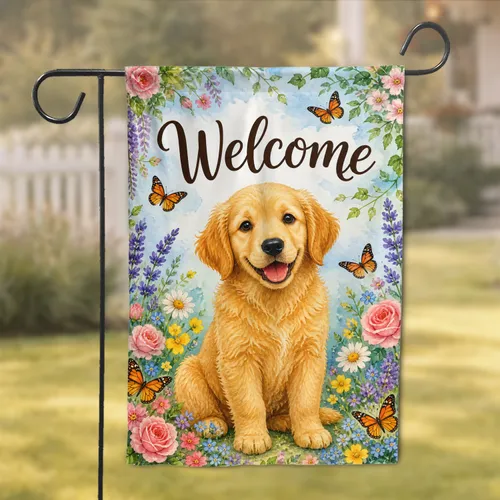 Welcome Golden Retriever Puppy Spring Porch Decor for Garden Lovers and Dog Homes Garden Flag