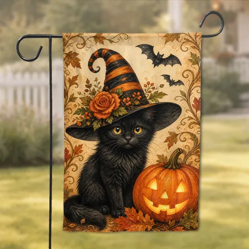 Halloween Black Cat Witch Hat Pumpkin Porch Decor for Autumn Home and Yard Display Garden Flag