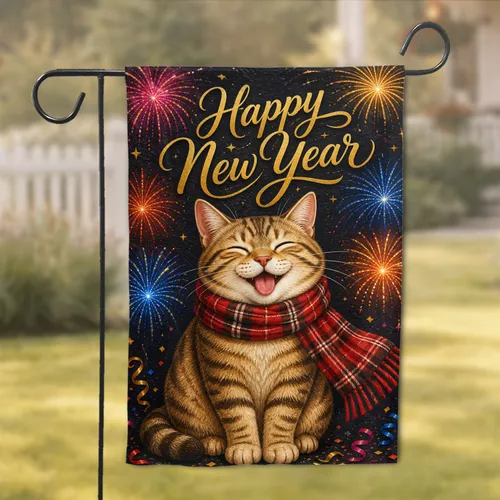 Happy New Year Tabby Cat With Fireworks Festive Home Yard Decor for Cat Lovers Garden Flag