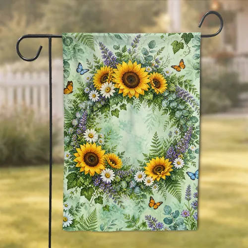 Sunflower Wreath With Butterflies for Porch Decor and Springtime Home Accent Charm Garden Flag