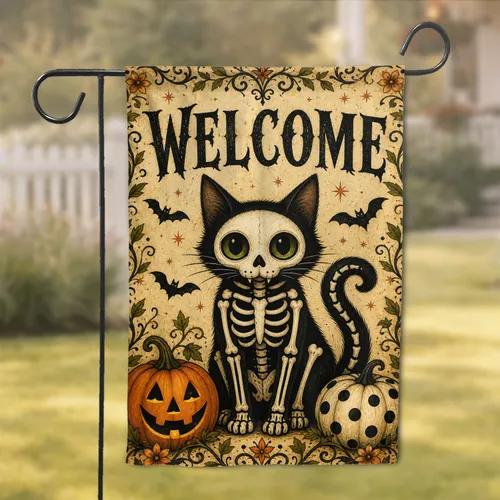 Halloween Cat Skeleton Welcome Porch Decor With Pumpkin Accent For Spooky Yards Home Garden Flag